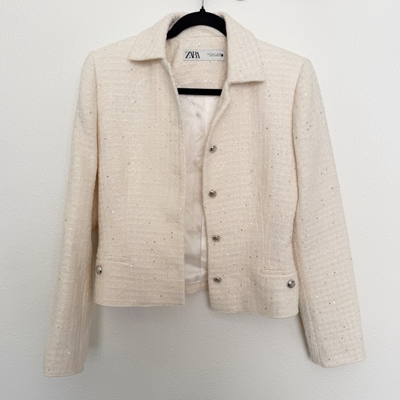 Zara NWOT Cream Textured Cotton Fitted Jacket Silver Sequin Appliqués - Picture 5 of 12